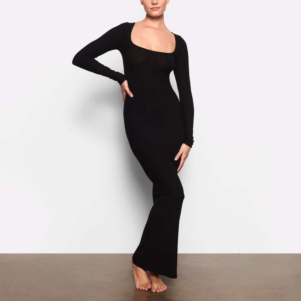 Skims Soft Lounge Ribbed Long Sleeve Dress Onyx Women's Size Medium